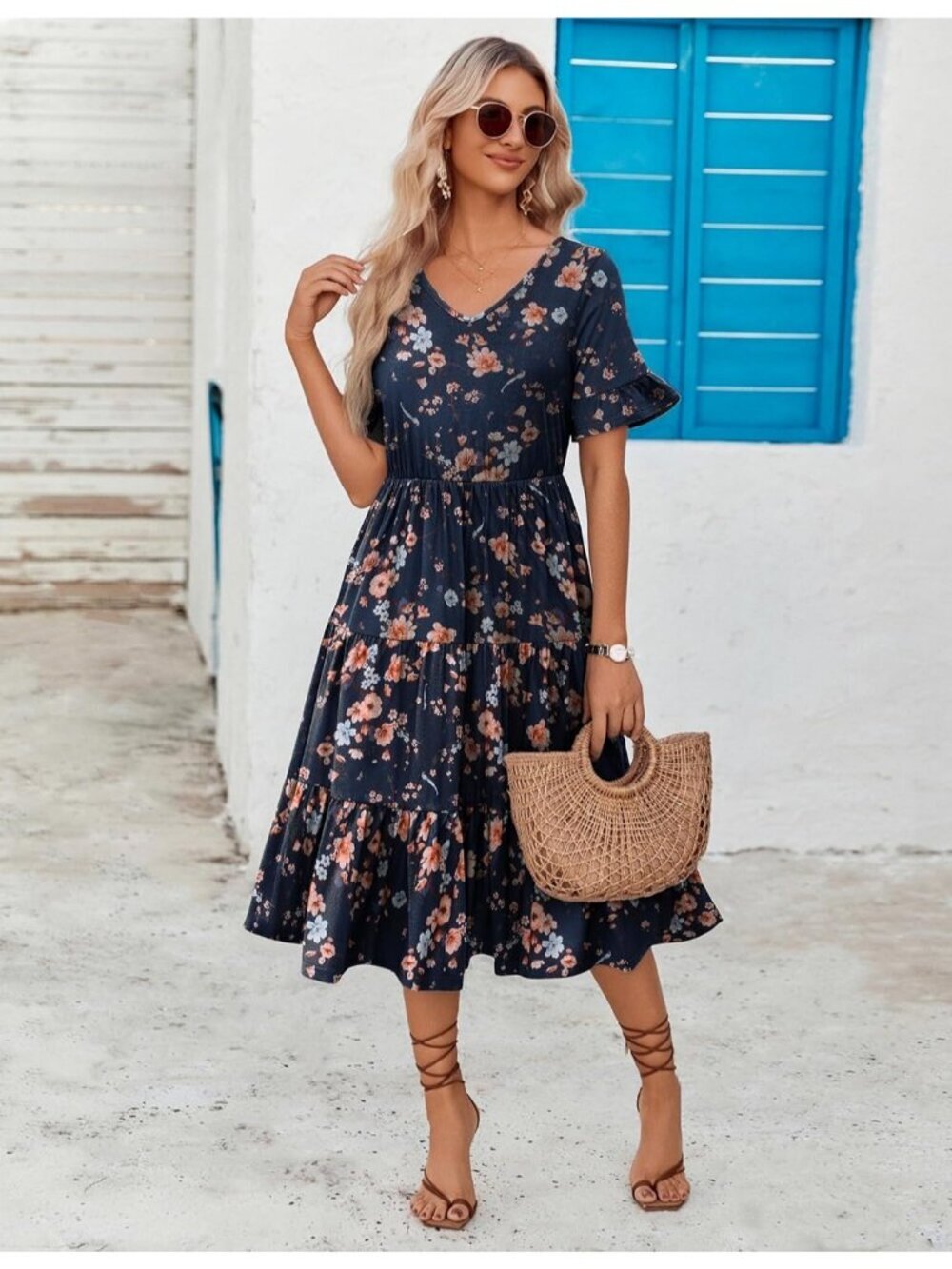 Zeagoo Women's Navy Blue Floral Tiered Casual Neck Ruffle Short Midi Maxi Dress - Picture 3 of 6